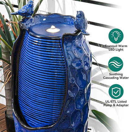 Autodaya 33" Vase Ceramic Outdoor Water Fountain with Lights and Birds | cobalt blue glazed water feature with textured design, ambient soothing cascading water flow for garden patio yard sanctuary