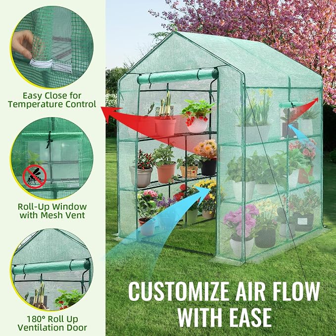 Greengro Greenhouse, 57 x 57 x 76'' Greenhouses for Outdoors, Portable Greenhouse Kit with Mesh Side Windows, PE Cover, 8 Shelves, Heavy Duty Walk in Green House for Backyard Garden Indoor Outside