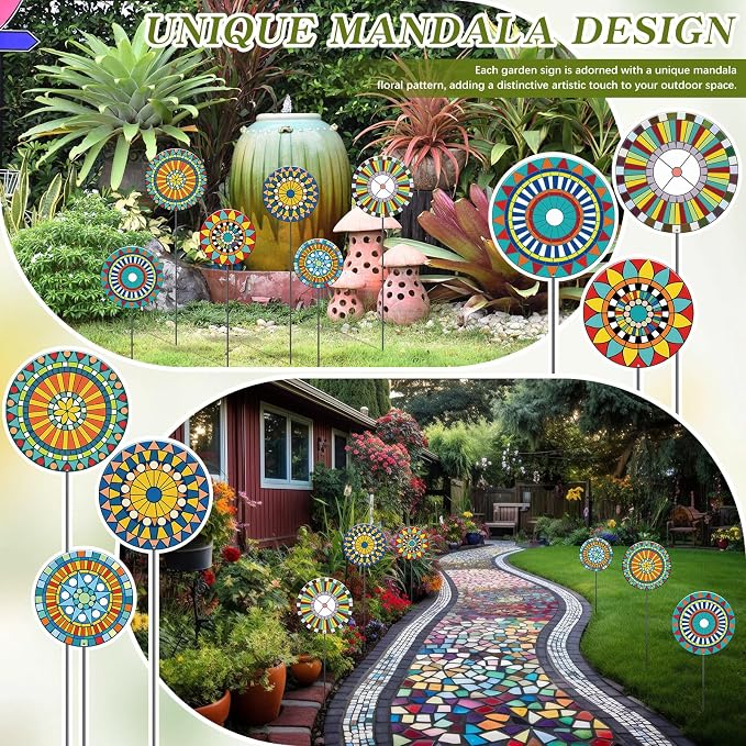 RattanView 6 Pcs Metal Flowers Garden Stake Decor for Outside 11.8 Inch Mandala Flowers Decorative Stakes Yard Decorations Outdoor Yard Art Garden Decorations for Lawn Porch Pathway Patio