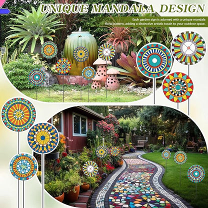 RattanView 6 Pcs Metal Flowers Garden Stake Decor for Outside 11.8 Inch Mandala Flowers Decorative Stakes Yard Decorations Outdoor Yard Art Garden Decorations for Lawn Porch Pathway Patio