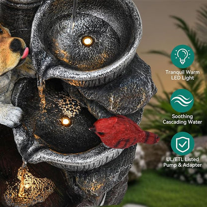 30" Puppy & Red Bird Outdoor Fountain, 3-Tier Pastoral Water Feature with LED Lights, Resin Two Bowls & Wooden Barrel Soothing Cascading Waterfall for Patio, Backyard, Garden | Pastoral Two Bowls & Wooden Barrel Water Feature Outdoor, 3-Tiers Soothing ...