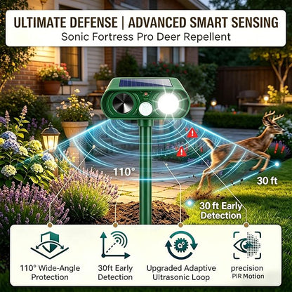 4Pack Ultrasonic Deer Repellent for Plants Solar Animal Repellent Outdoor with Motion Sensor Strobe Light for Rabbit Cat Deterrent Raccoon Squirrel Fortress Pro Keep Pests Out of Yard Farm