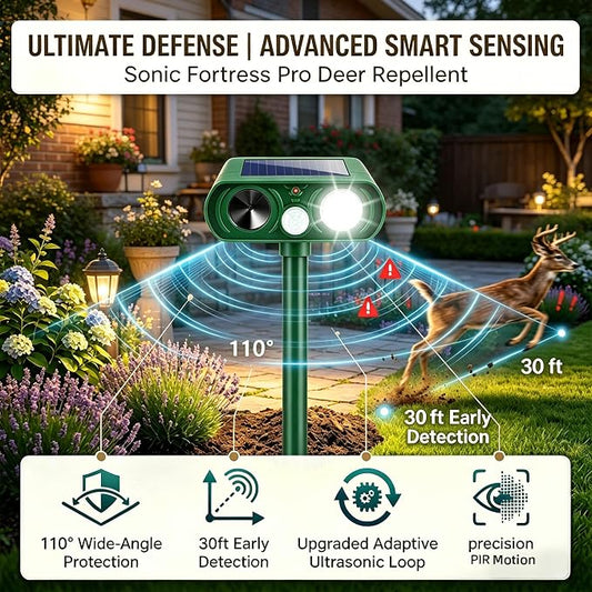 4Pack Ultrasonic Deer Repellent for Plants Solar Animal Repellent Outdoor with Motion Sensor Strobe Light for Rabbit Cat Deterrent Raccoon Squirrel Fortress Pro Keep Pests Out of Yard Farm
