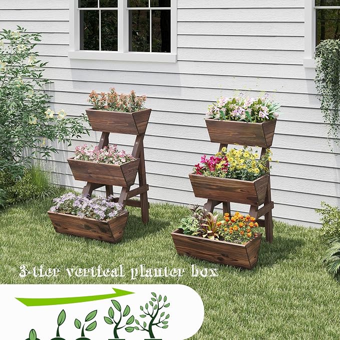 3-Tiers Wooden Raised Garden BedPlanter Box Gardening Outdoor Planter Box Patio Kit Tiered Planter Box Vertical Garden Planter Wood Plant Stand for Patio, Balcony, Freestanding (Carbonized S)