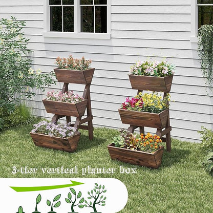 3-Tiers Wooden Raised Garden BedPlanter Box Gardening Outdoor Planter Box Patio Kit Tiered Planter Box Vertical Garden Planter Wood Plant Stand for Patio, Balcony, Freestanding (Carbonized S)