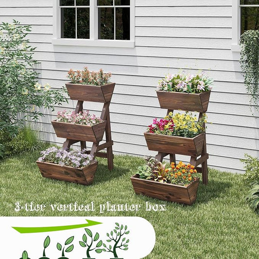 3-Tiers Wooden Raised Garden BedPlanter Box Gardening Outdoor Planter Box Patio Kit Tiered Planter Box Vertical Garden Planter Wood Plant Stand for Patio, Balcony, Freestanding (Carbonized S)