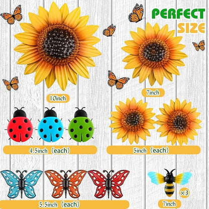 Sweetude 12 Pcs Metal Sunflower Wall Decor Colorful Metal Dragonfly Butterfly Outdoor Decor Garden Fence Patio Yard Flowers Wall Art Summer Flowers Hanging for Home VBS 2026(Novelty Style)