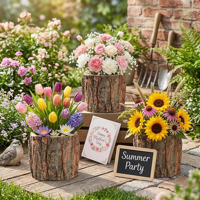 Wooden Vase for Centerpieces, 6 Pack Wood Flower Vase Rustic Tree Stump Planter Pots, Wooden Bark Flower Bucket for Wedding Farmhouse Christmas Table Decor, Round Bark Stump Pots - 3.6x3.6x3 inch