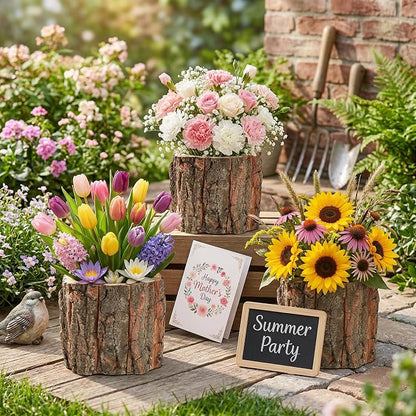 Wooden Vase for Centerpieces, 6 Pack Wood Flower Vase Rustic Tree Stump Planter Pots, Wooden Bark Flower Bucket for Wedding Farmhouse Christmas Table Decor, Round Bark Stump Pots - 3.6x3.6x3 inch