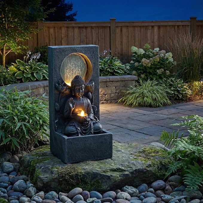 28" H Outdoor Buddha Waterfall Fountain, Freestanding Zen Style LED Water Feature with Relaxing Cascading Flow, Resin Asian Decor for Patio Garden Backyard Deck Home