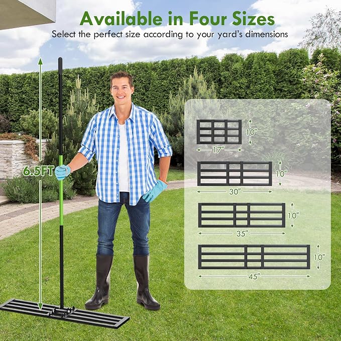 Seeutek Lawn Leveling Rake, 45" x 10" Heavy Duty Ground Leveler | with 0-180° Adjustable Handle, 6.5FT Steel Handle Lawn Leveler for Yard Garden Golf, Ease Level Soil Sand Dirt Surface
