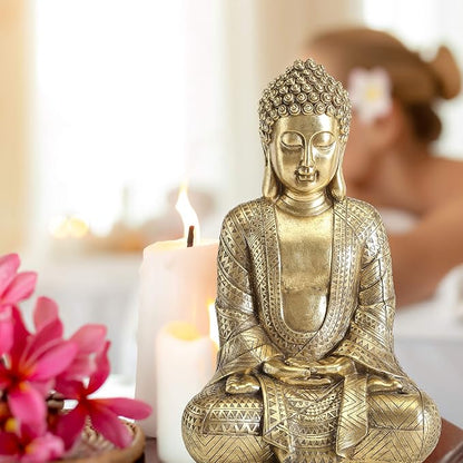 Large Gold Buddha Statue, 15.25 Inch Seated Meditation Sculpture