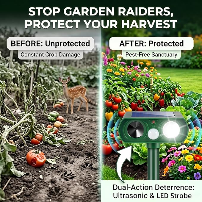 Solar Ultrasonic Animal Repellent Outdoor Deer Repellent Devices,2 Pack Squirrel Cat Deterrent with Motion Sensor & Strobe Light Waterproof Rabbit Repellent Raccoon Fortress Pro for Plants Garden Yard