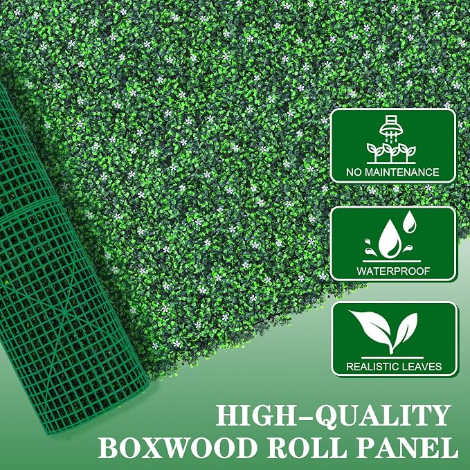 Grooy 71"x 144"(72 sq.ft) Artificial Boxwood Roll Panels with Flowers, UV-Anti Faux Ivy Leaves Privacy Fence Screen, Grass Wall Roll Panels for Indoor Home Decor and Outdoor Garden Backyard