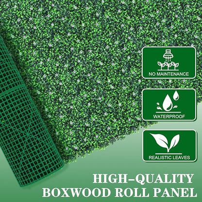 Grooy 71"x 126"(62 sq.ft) Artificial Boxwood Roll Panels with Flowers, UV-Anti Faux Ivy Leaves Privacy Fence Screen, Grass Wall Roll Panels for Indoor Home Decor and Outdoor Garden Backyard