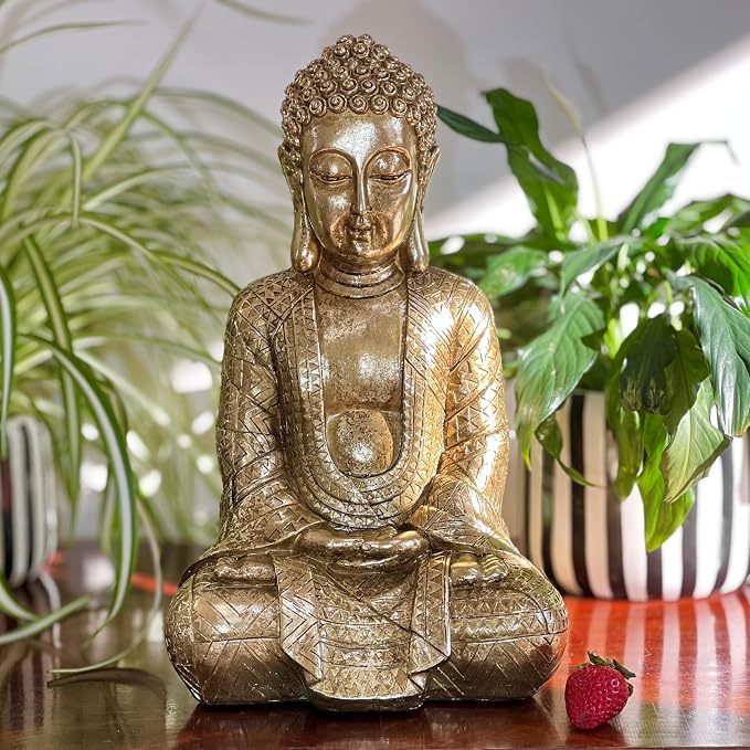 Large Gold Buddha Statue, 15.25 Inch Seated Meditation Sculpture