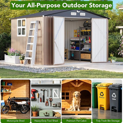 MXV 10 x 8FT Outdoor Storage Shed, Metal Garden Shed with Windows, Double Lockable Doors & Sloped Roof, Magnetic Solar Lamp, Waterproof Tool Sheds for Backyard Garden Patio Lawn, Brown