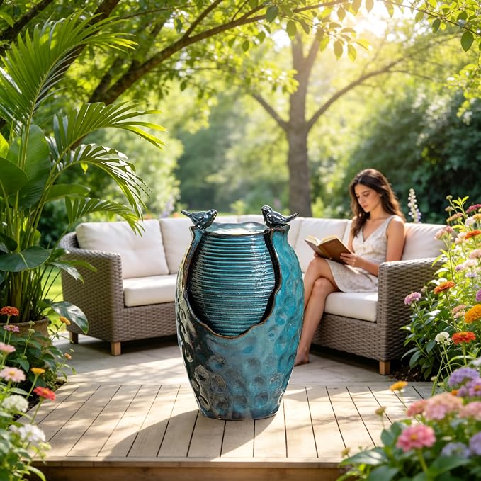 Autodaya 25" H Jar Ceramic Outdoor Water Fountain with LED Lights and Birds | Elegant Turquoise Glaze with Bubble-Like Texture, Decorative Garden Water Feature, cascading water flow for yard sanctuary
