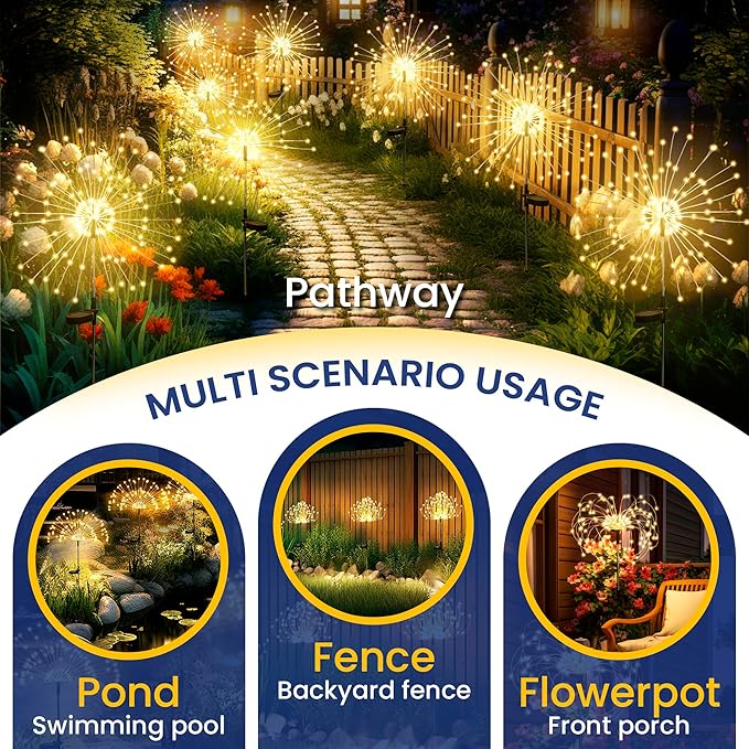 GIGALUMI Garden Decor Outdoor Lights 120LED 8Pack, Solar Garden Lights Outside Fairy Firework Decorative,Solar Powered for Yard Pathway Flowerbed Planter Balcony Patio, Gifts for mom (Warm White