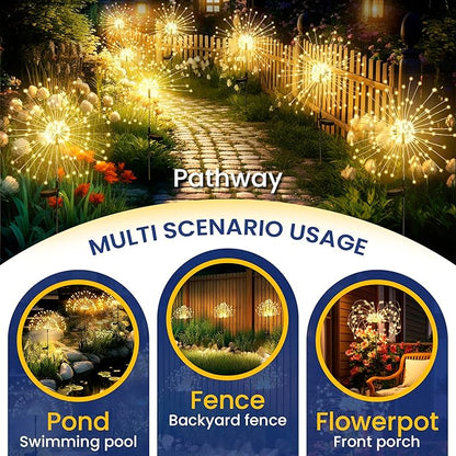 GIGALUMI Garden Decor Outdoor Lights 120LED 8Pack, Solar Garden Lights Outside Fairy Firework Decorative,Solar Powered for Yard Pathway Flowerbed Planter Balcony Patio, Gifts for mom (Warm White