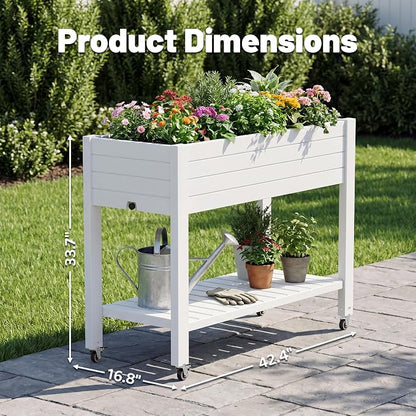 Fancyango Raised Garden Bed with Wheels 33.7" H -Medium Ashen | Resin Elevated Garden Planter Box with Drainage, Outdoor Planter Box for Veggies Herbs Patio Balcony Backyard