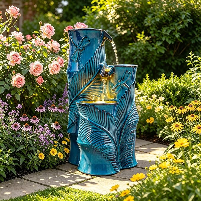 Autodaya Ceramic Outdoor Water Fountain with Lights, Turquoise Bamboo-Style | 3-Tier Cascading Waterfall, Natural Water Feature with Tropical Leaf, Dragonfly Texture, Soothing Oasis for Garden Patio Yard