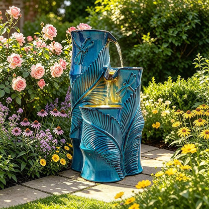 Autodaya Ceramic Outdoor Water Fountain with Lights, Turquoise Bamboo-Style | 3-Tier Cascading Waterfall, Natural Water Feature with Tropical Leaf, Dragonfly Texture, Soothing Oasis for Garden Patio Yard
