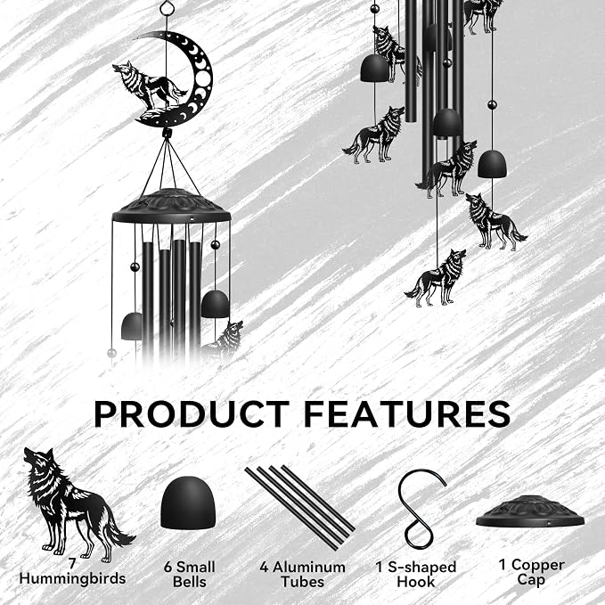 Wolf Wind Chimes Outdoor Wolf Gifts for Women/Men/Mom/Grandma Birthday Gifts Memorial Gift Metal WindChimes for Outside/Indoors, Home, Lawn, Porch, Patio, Garden Decor, Yard Decorations (Black)