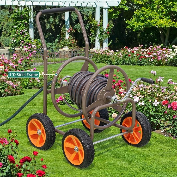 2026 Upgraded Hose Reel Cart with 10" NO-FLAT TIRES, Heavy Duty Industrial Tangle-Free Garden Water Hose Reel with Storage Basket, Holds 250 ft of 5/8" Hose, Heavy-Duty Steel Frame for Lawn Yard