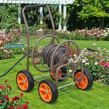 2026 Upgraded Hose Reel Cart with 10" NO-FLAT TIRES, Heavy Duty Industrial Tangle-Free Garden Water Hose Reel with Storage Basket, Holds 250 ft of 5/8" Hose, Heavy-Duty Steel Frame for Lawn Yard