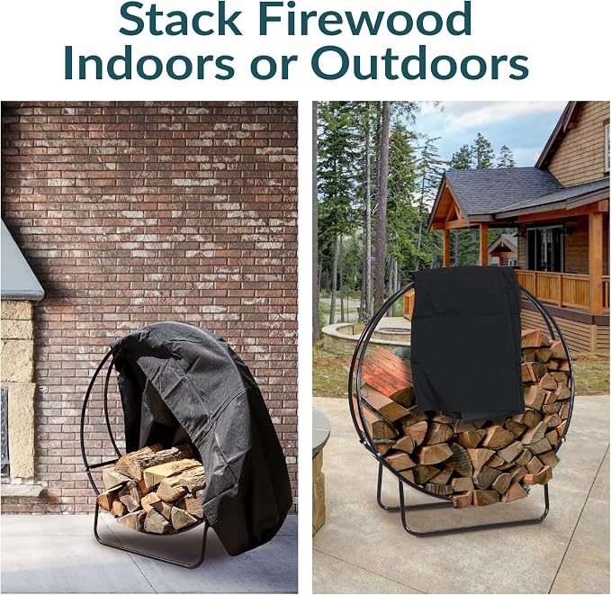 Sunnydaze 40-Inch Firewood Rack with Cover - Black Indoor Firewood Holder - Log Holder Hoop and Cover Set - 500-lb Capacity