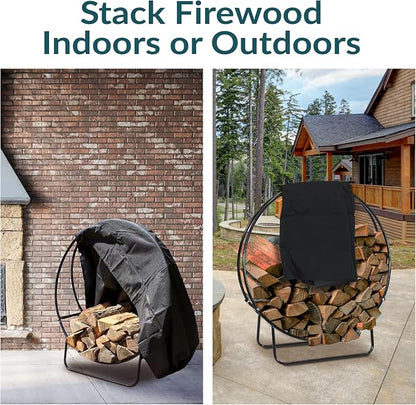 Sunnydaze 40-Inch Firewood Rack with Cover - Black Indoor Firewood Holder - Log Holder Hoop and Cover Set - 500-lb Capacity