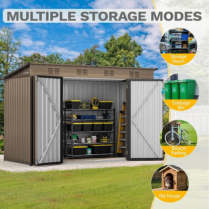 DWVO 9x4ft Large Outdoor Storage Shed, Metal Tool Sheds, Heavy Duty Tool Storage with Lockable Doors & Air Vent for Backyard Patio Lawn to Store Bikes, Tools, Lawnmowers,Brown