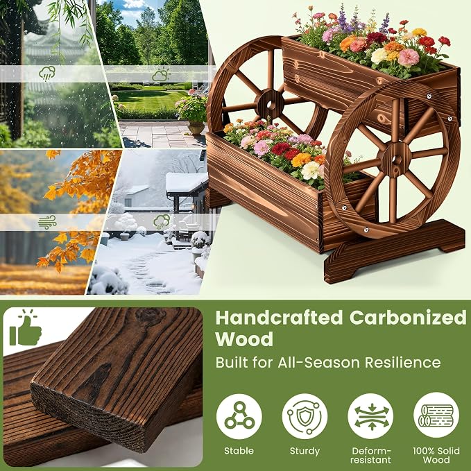 24" Extra Large Rustic 2-Tier Wooden Wagon Planter Box | Carbonized wood flower cart with 2 tiers, drainage holes, liner, and wagon wheels for porch, patio, and garden decor