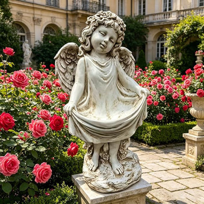 21" Tall Weathered White Angel Cherub Garden Statue, Resin Vintage Dress Sculpture Figurine, All Weather Indoor Outdoor Decor for Yard Lawn Patio Backyard Memorial