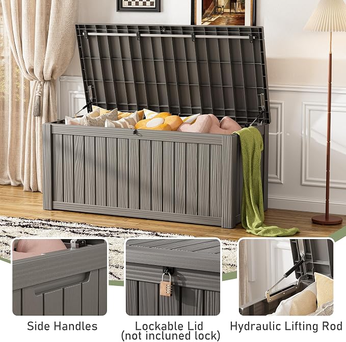 Outdoor Storage Box, 120 Gallon Deck Box, Resin Waterproof Outside Storage Bench, Outdoor Storage Cabinet With Lockable Lid, Backyard Deck Box For Garden Tools, Patio Cushions, Pool Accessories