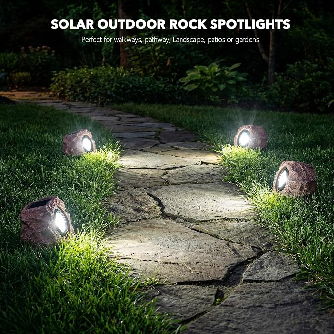 Candieslife Solar Garden Rock Lights Outdoor - IP65 LED Waterproof Solar Spotlight, Solar Powered Landscape Lights Decorative Garden Stone Light for Pathway, Walkway, Yard, Patio (4 Pack)
