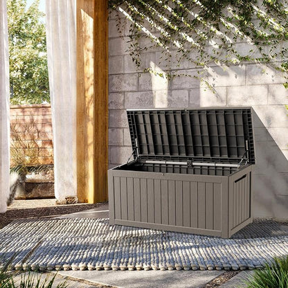 Outdoor Storage Box, 270 Gallon Waterproof Deck Box, Super-Sized Gas-Spring Resin Trunk for Large Seat Pillows, Heavy-Duty Lockable Backyard Storage Sofa, Garden Lawn, Grey
