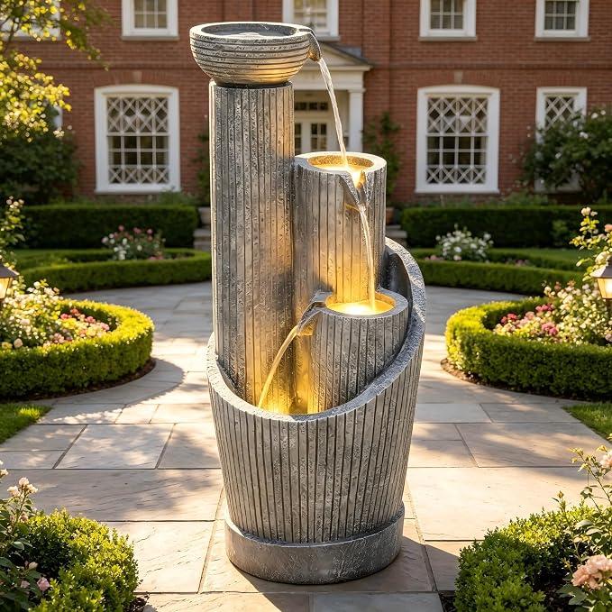 AUTODAYA 31" 5-Tier Twist Pedestal Outdoor Fountain LED Cascading Waterfall | geometric twist Pedestal Bowl design, fluted texture, patio garden, Backyard, Deck, or Porch