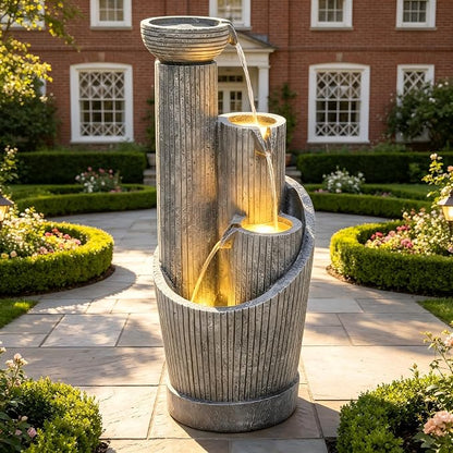 AUTODAYA 31" 5-Tier Twist Pedestal Outdoor Fountain LED Cascading Waterfall | geometric twist Pedestal Bowl design, fluted texture, patio garden, Backyard, Deck, or Porch