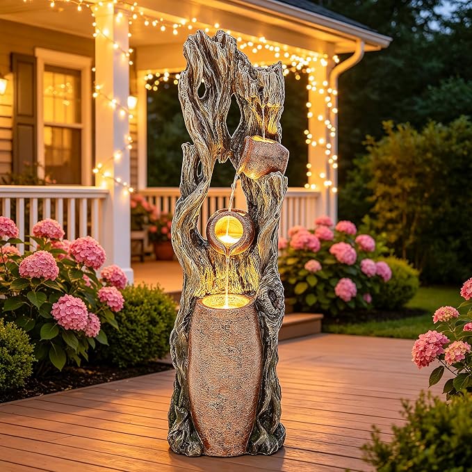 AUTODAYA 42.7" 3-Tier Outdoor Water Fountain LED Tree Trunk Jar Waterfall | Rainforest feature,terra-cotta jar accents, garden patio yard decor