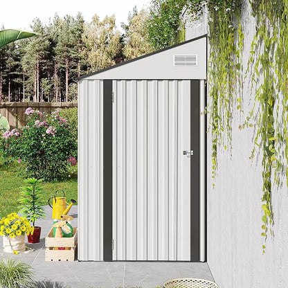 YOPTO 4×8 FT Outdoor Metal Storage Shed,Heavy-Duty Lean to Storage Shed with Lockable Single Side Hinge Door,Waterproof Metal Storage Tool House W/Sloping Roof,Air Vent&Protect Film,for Backyard,White