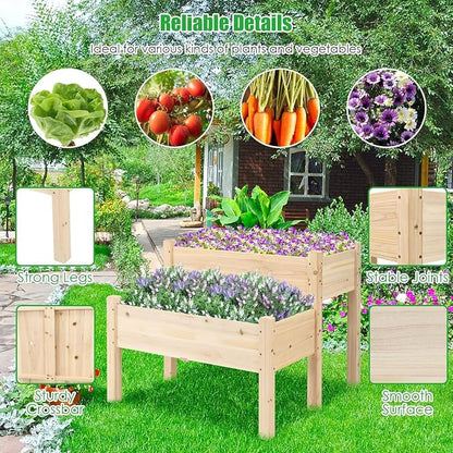 COSTWAY 2-Tier Raised Garden Bed, Sturdy Fir Wood Elevated Planter with Legs for Vegetables, Herbs & Flowers – Indoor & Outdoor Use, Natural Finish