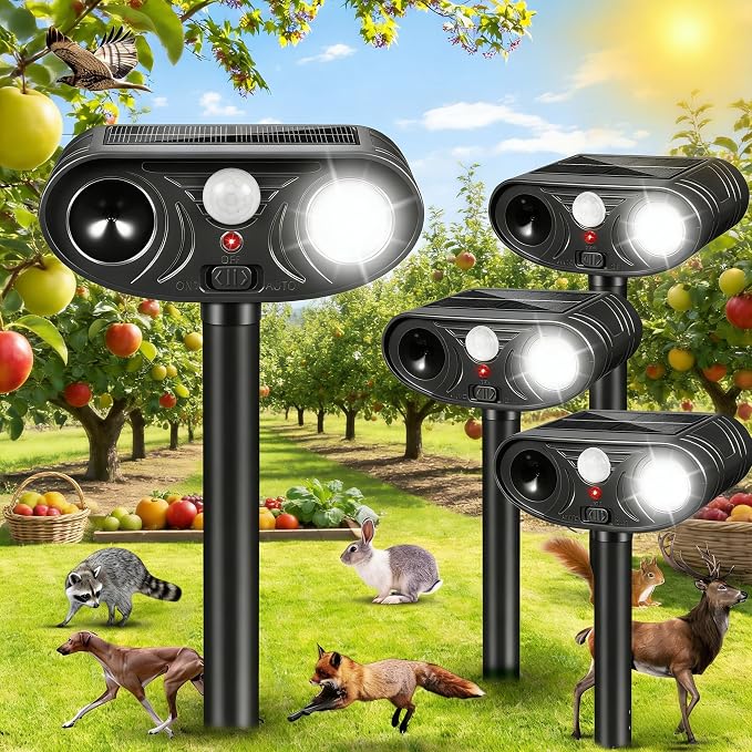 4 Pack Sonic Fortress Pro Deer Repellent Solar Animal Deterrent Outdoor | Motion Activated Deer Repellent Device Cat Deterrent Outdoor Squirrel Raccoon Fox Rabbit Repeller for Garden Yard Farm