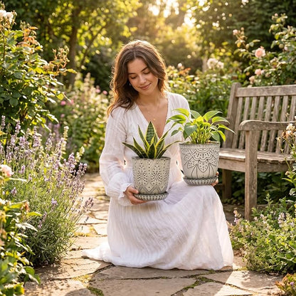Gepege 6 Inch Beaded Ceramic Planter Set of 2 with Drainage Hole and Saucer for Plants, Indoor-Outdoor Large Round Succulent Orchid Flower Pot (Smoked Gray, Inner-pots not Larger Than 5 Inch)