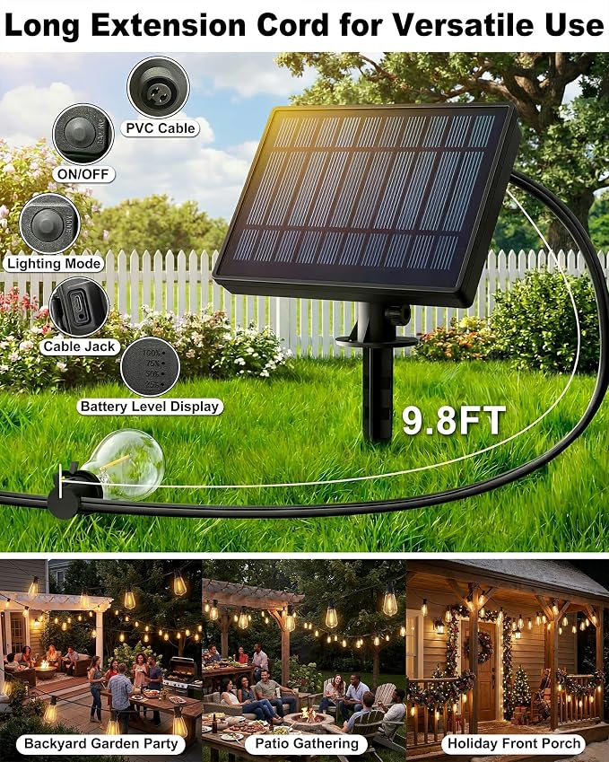 Solar String Lights Waterproof, 162FT(72+3) ST38 Outdoor Lights with Remote, Dimmable, Timer, 3 Light Modes, USB & Solar Patio Lights for Backyard, Yard, Garden, Gazebo, Fence (2700K)