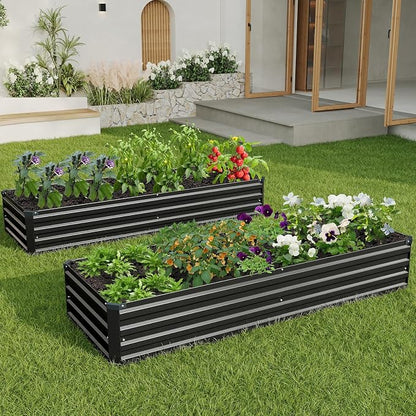 2PCS 8x2x1ft Galvanized Raised Garden Bed Kit,Gardening Planter Box | Outdoor Elevated Metal Planter Box For Vegetables, Flowers, Herbs, Anti-Rust Galvanized Steel, Open Drainage, Sturdy (Black)