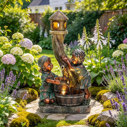31" Boy and Girl Outdoor Fountain LED 3-Tier Waterfall, Faux Bronze | hand-painted antique bronze, Wood barrel and Pagoda design, patio garden,Yard and Porch
