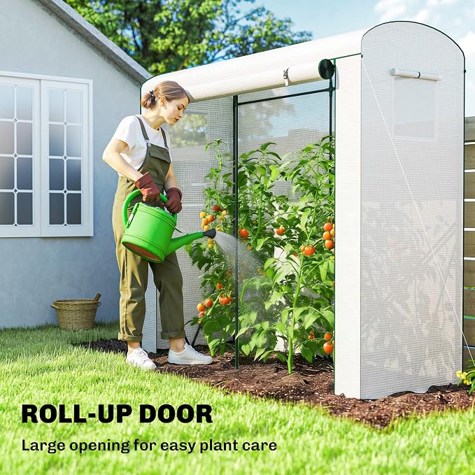 Outsunny Mini Greenhouse, Portable Greenhouse with Roll-Up Door and 2 Mesh Windows, Small Green House with PE Cover for Garden Patio Lawn, 78.7" x 29.5" x 74", White