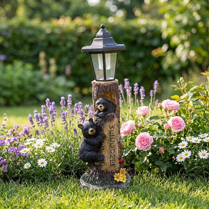 Brown Bear Statue for Garden with Solar Lights, 19 Inch Resin Bear Cubs Welcome Sign Outdoor Decor, Solar Powered Auto On/Off LED, Weather Resistant Yard Lawn Patio Cabin Figurine